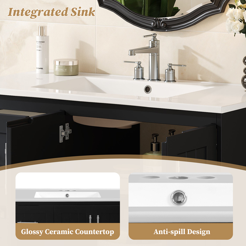 Euroco 36'' Wall Mounted Bathroom Vanity, Floating Bathroom Storage Cabinet with 2 Drawers, 3 Holes Single Ceramic Sink, Modern Cabinet with Adjustable Shelf