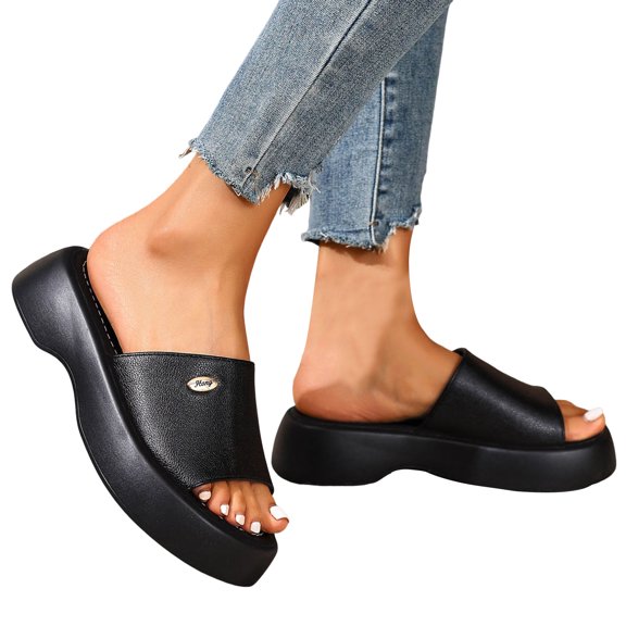 Rokment Women's Platform Chunky Backless Sandals 2026 Trendy Leather Chunky Wedge Mid Heels Slip on Slides Comfortable Casual Walking Slippers for Indoor Outdoor Black Size 6