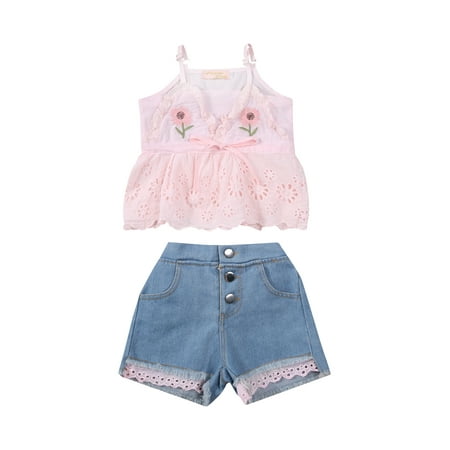 

Multitrust Kids Girls Sunflower Embroidery V-Neck Sleeveless Tops Denim Shorts