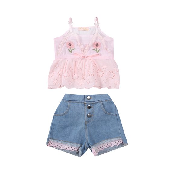 Canrulo 2PCS Toddler Kids Little Girls Sunflower Sleeveless Tops Denim Shorts Summer Outfits Pink 6-7 Years