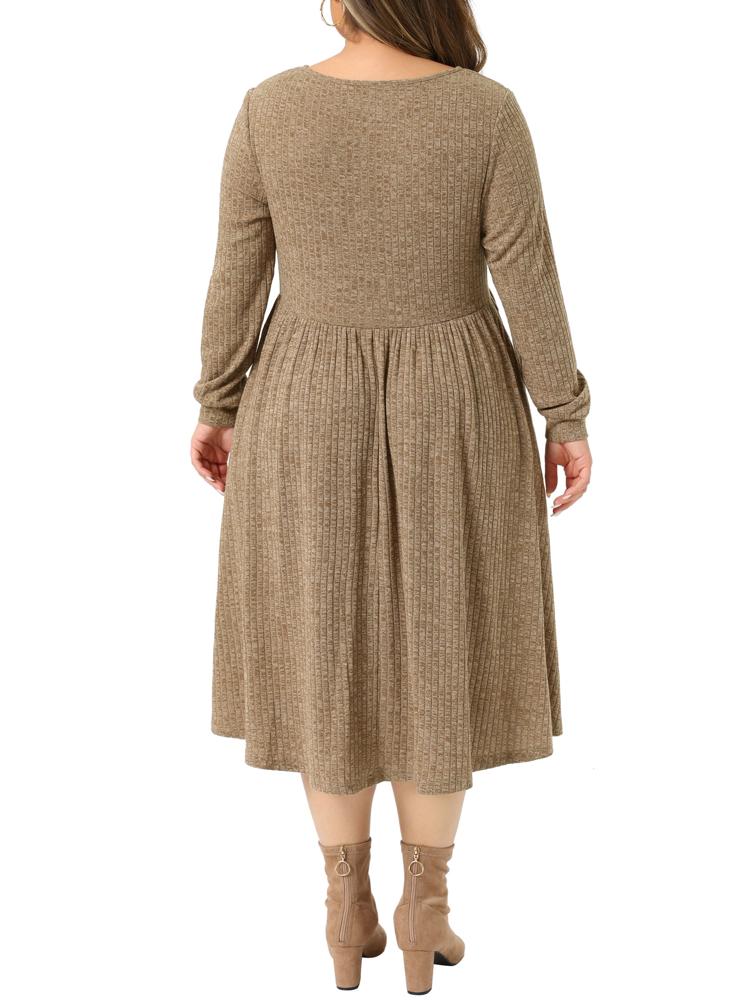 DARING DIVA Women's Plus Size V Neck Long Sleeve Ribbed Knit A Line Dress 3X Brown