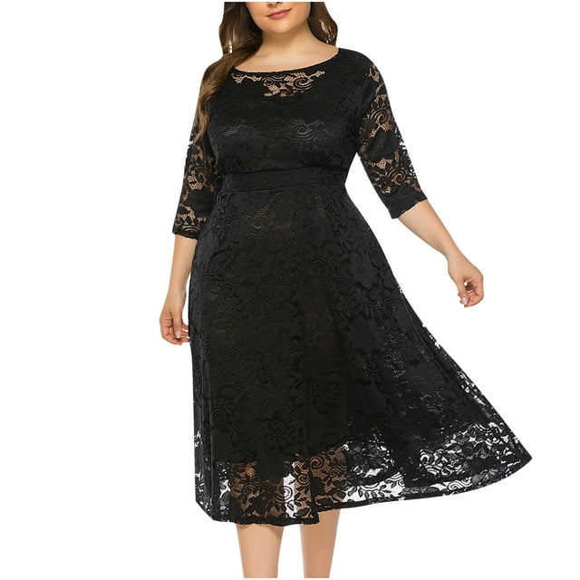 CEHVOM Robe de Soirée pour Femme, Grande Taille, en Dentelle Ajourée avec Poches, Jupe Longue, Solde