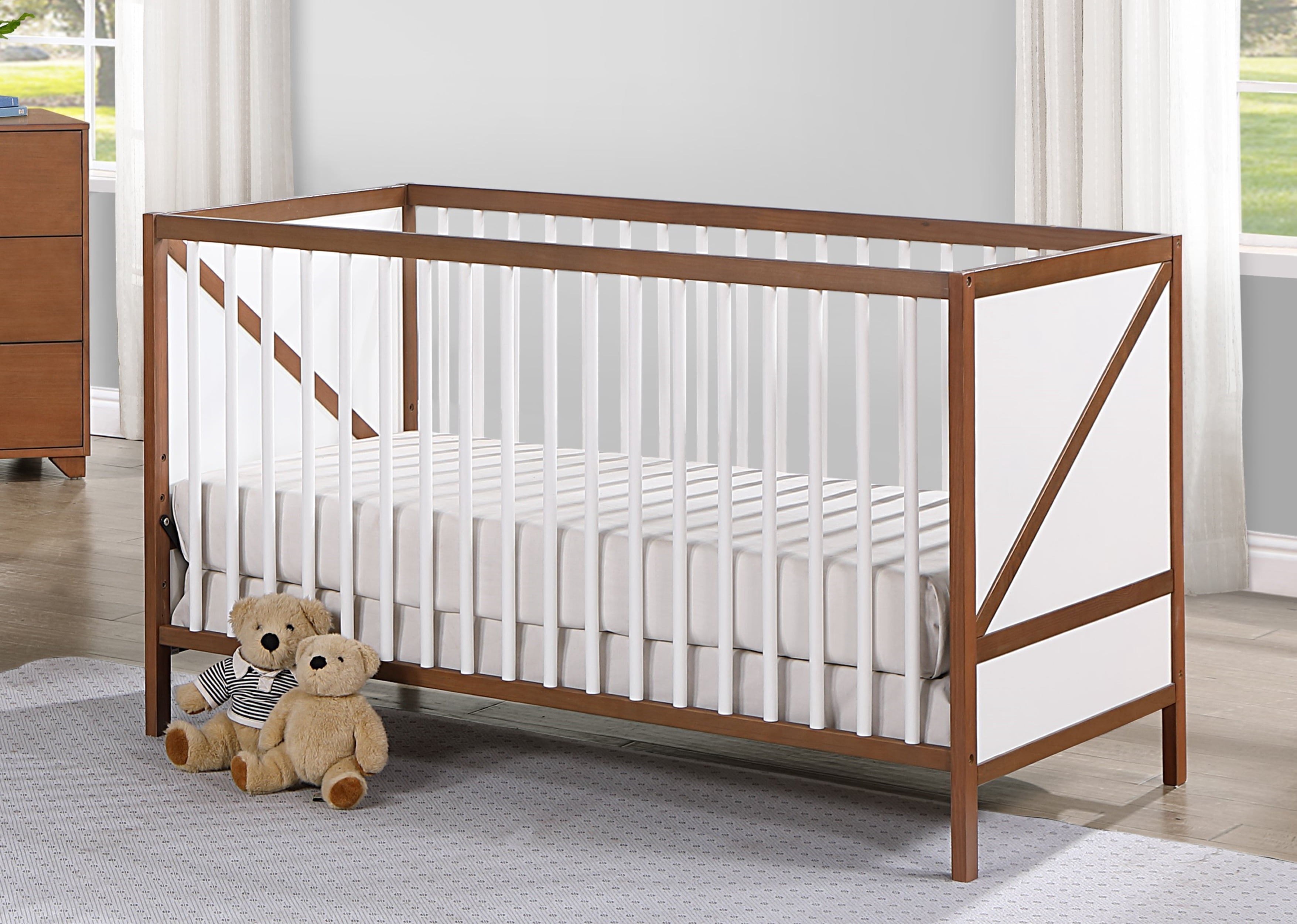 Suite Bebe Pixie Zen 3-in-1 Convertible Baby Wooden Crib With Round Spindles, in Walnut/White