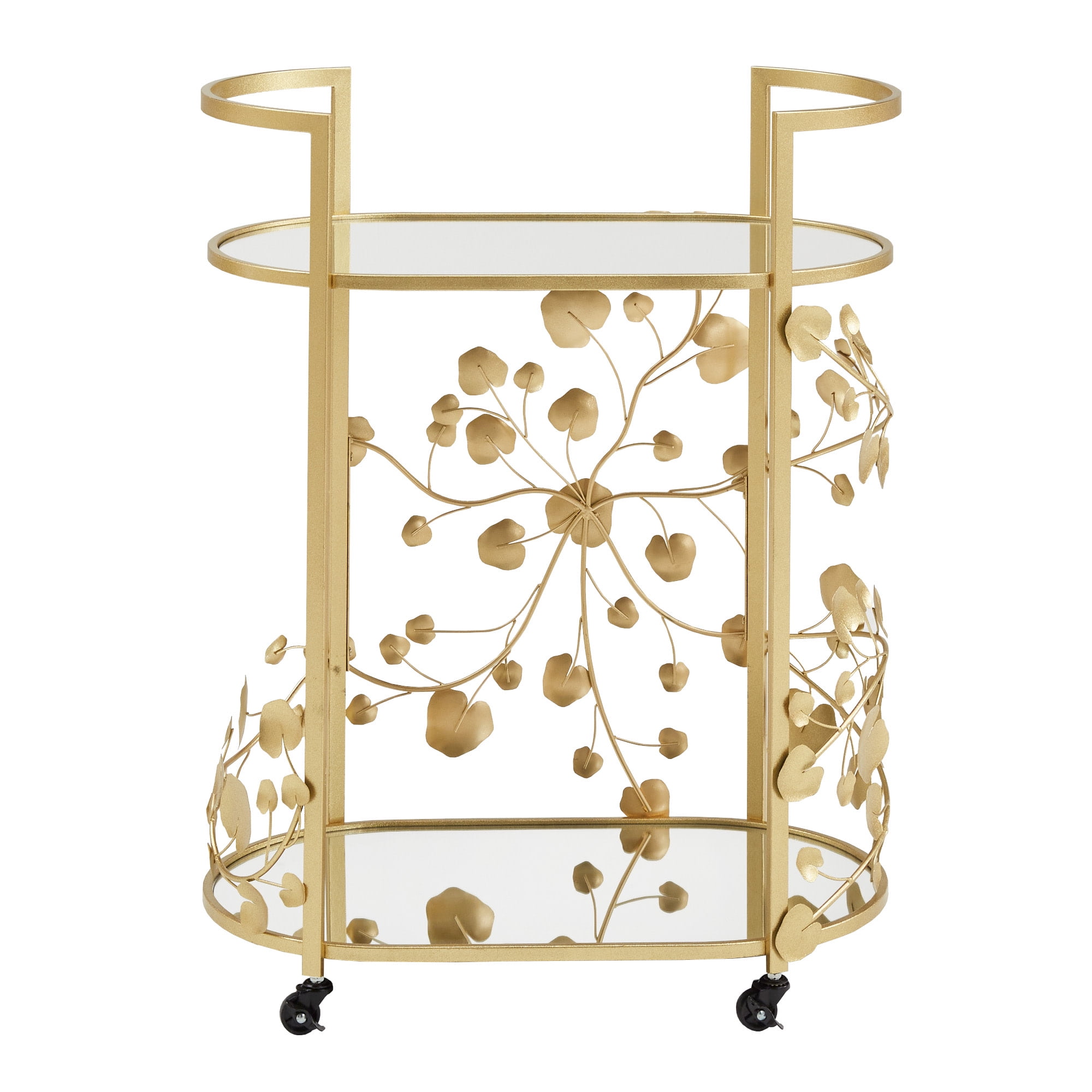 Weston Home Greenpoint Gold Finish Foliage Bar Cart with Mirror Top and Bottom