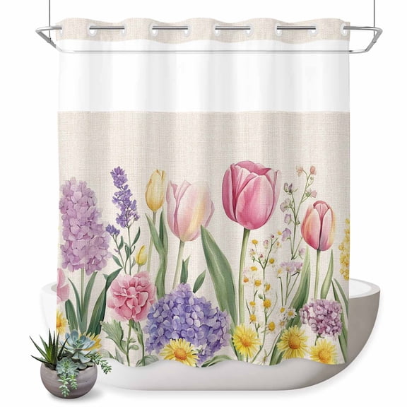 No Hook Shower Curtain with Built-in Rings - Rustic Watercolor Floral Washable Waterproof Fabric Bathroom Curtains for Hotel,Rentals, 72 X 78 Inch Long , Tulip Hydrangea Pink Purple Yellow