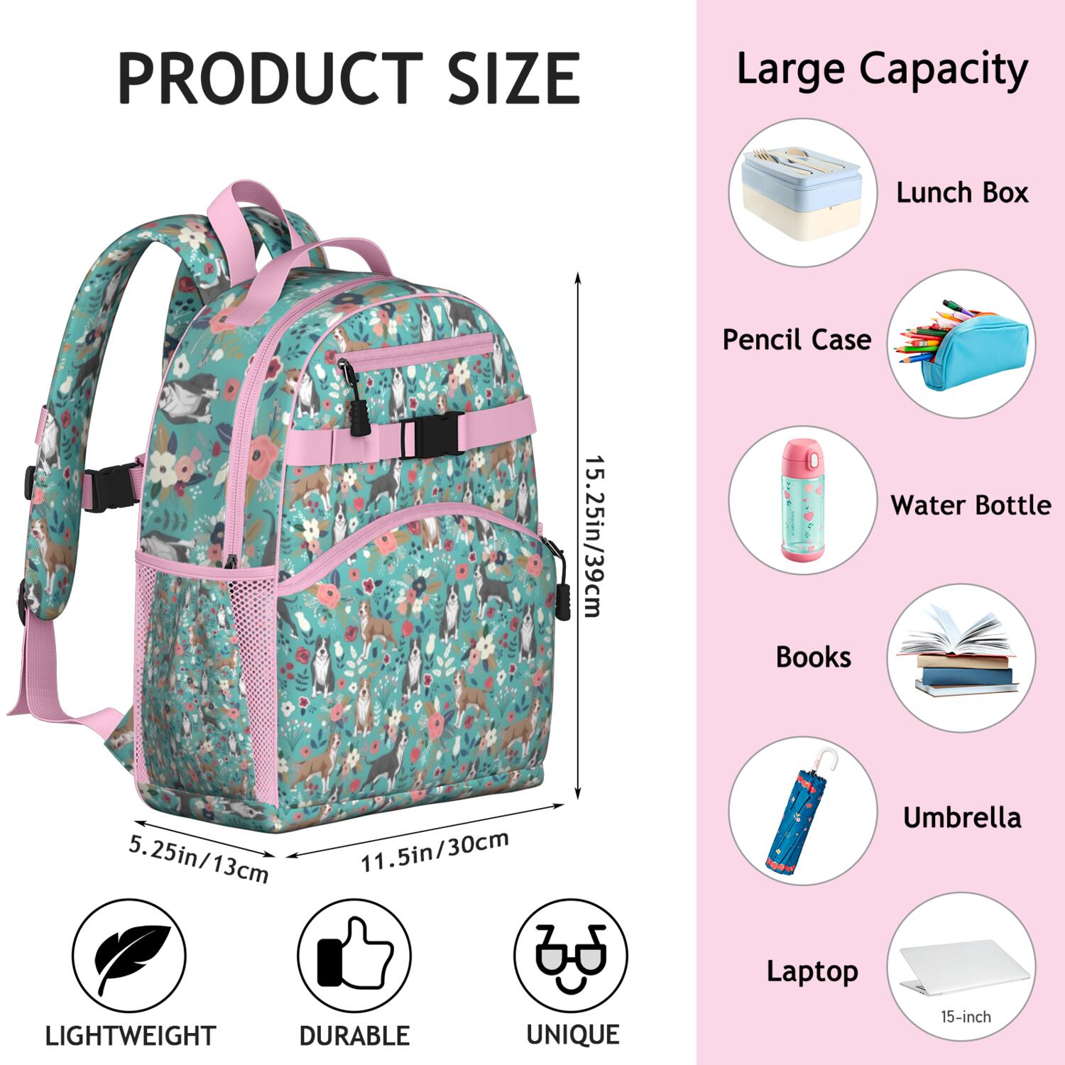 Pitbull Dog and Flower Floral Backpack for School,Cute School Bag,Schoolbag with Adjustable Shoulder Straps & Padded Back,15.25"x11.5"x5.25"