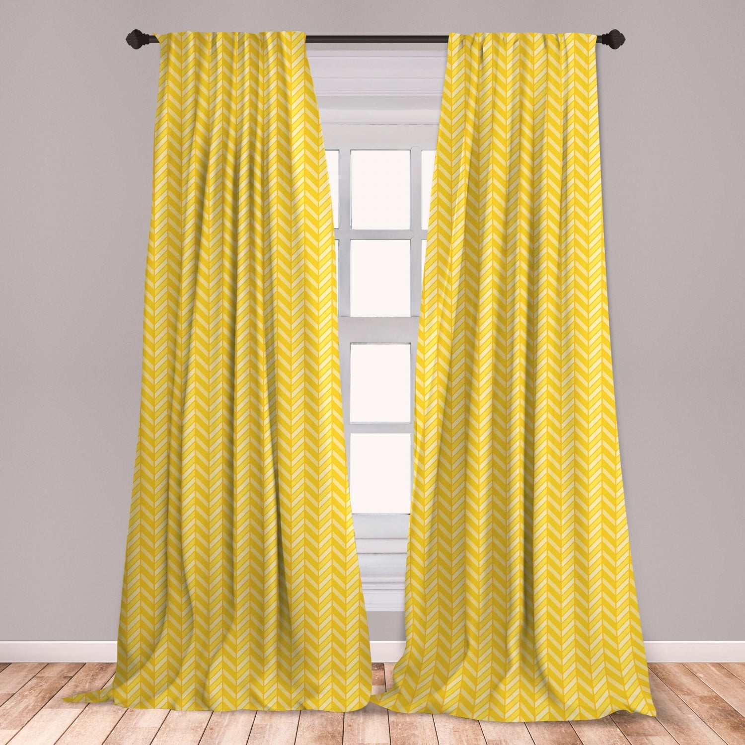 Yellow Chevron Curtains 2 Panels Set, Vertical Retro Chevron Motif in