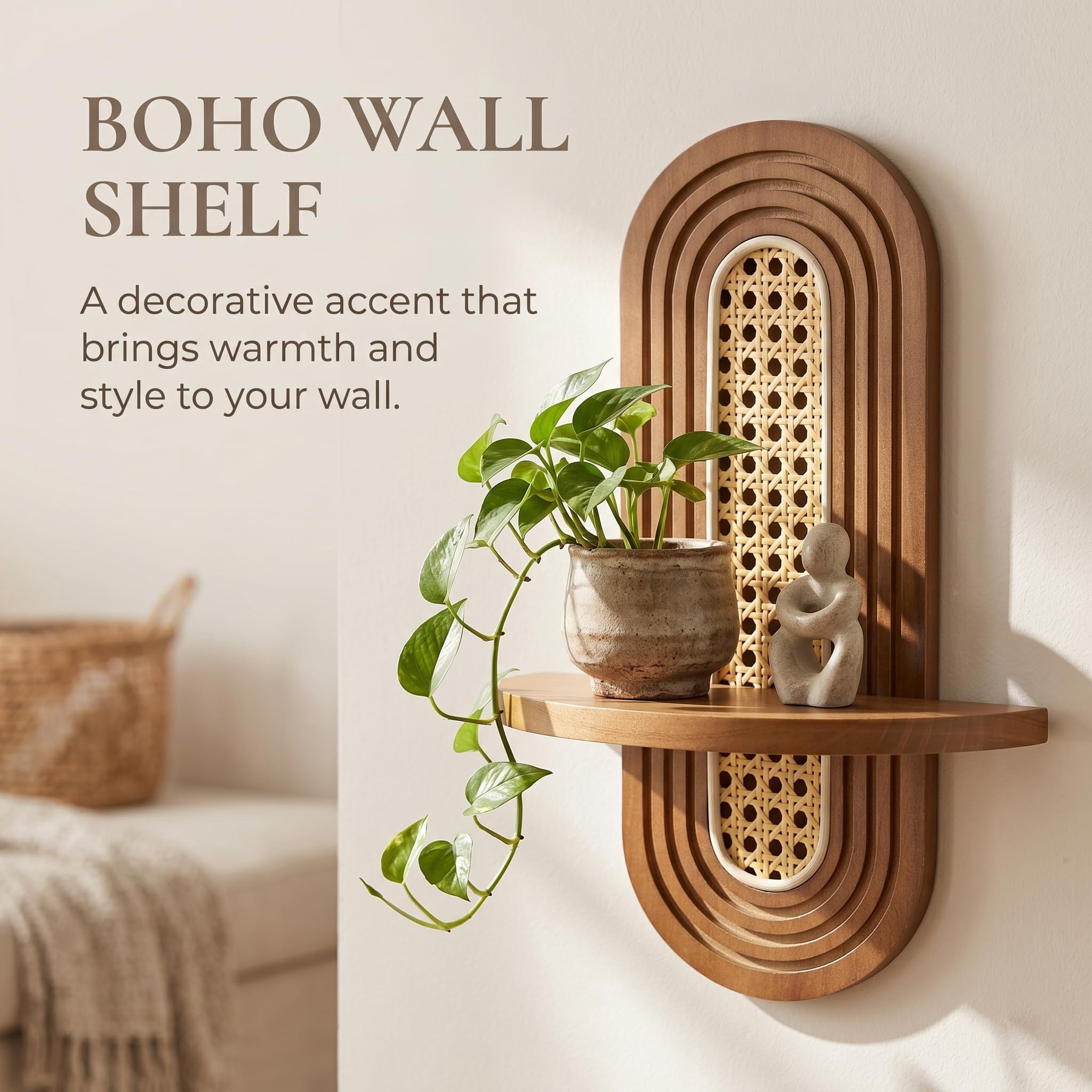 Rattan Wall Shelf for Plants, Floating Wall Shelves, Rattan Plant Display,   Natural Wood & Hand Woven, Durable and Sturdy Construction Unique Corner Wicker Shelf for Bathroom & Bedroom(Natural)