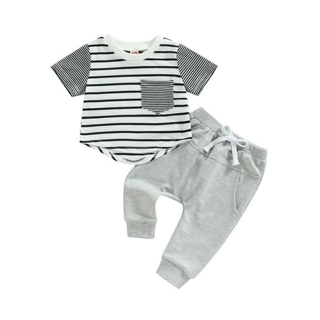 

Toddler Baby Boy Summer Clothes Short Sleeve Striped T Shirt Tops Solid Drawstring Pants Set 2PCS Casual Outfits