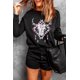 thumbnail image 1 of ABPHQTO Camiseta y pantalones cortos de manga larga con estampado de cabeza de buey occidental negra para mujer, 1 of 5