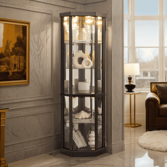 CKEASEAN Corner Curio Cabinet, 70" H Lighted Glass Display Cage with Tempered Glass Doors and 5 Adjustable Shelves, Light Bulb Inclued, Wine Bar China Cabinet for Living Room