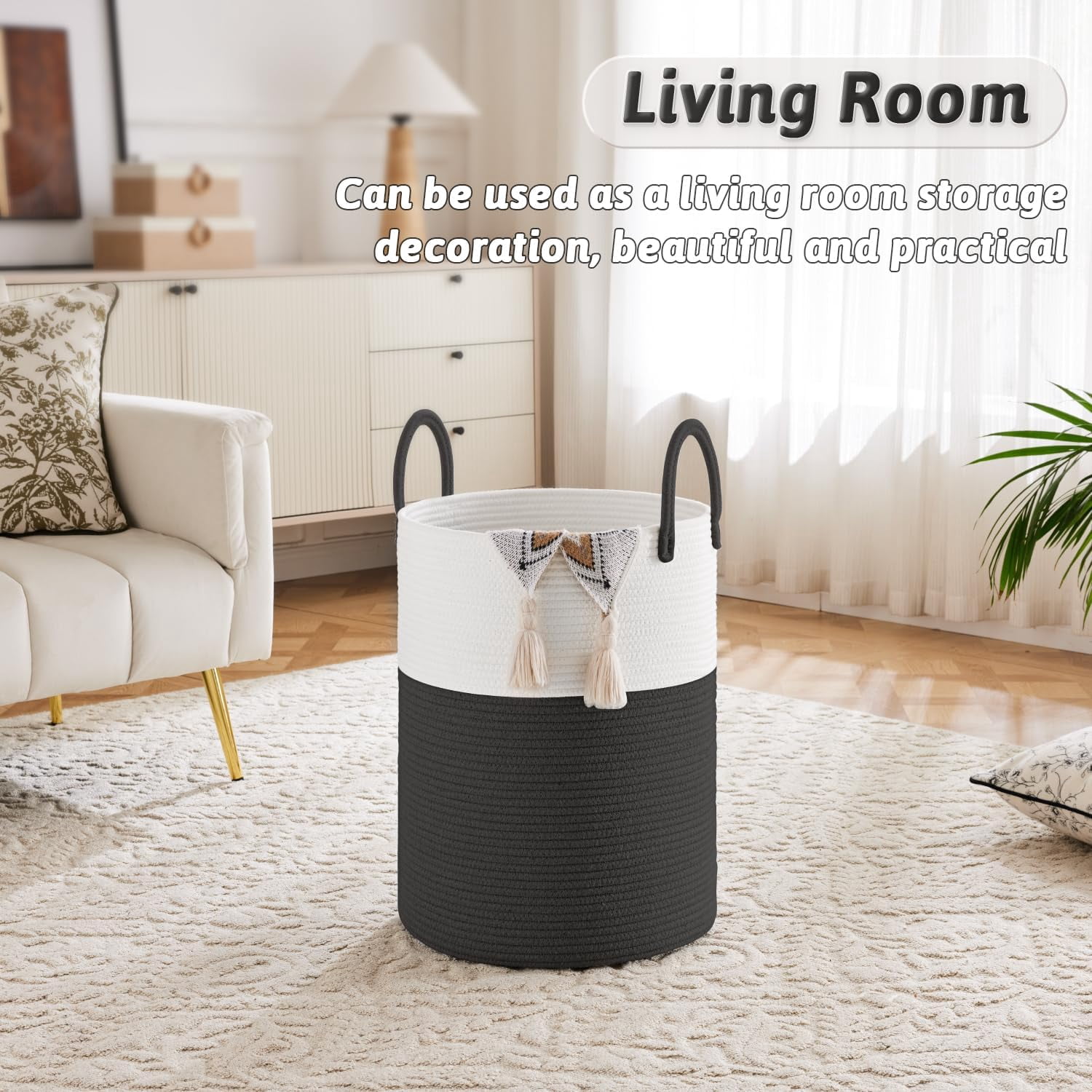 Laundry Basket, Woven Cotton Rope Laundry Hamper for Decor Storage of Dirty ClothesToys and Blankets in Bathroom, Baby Room and Living Room