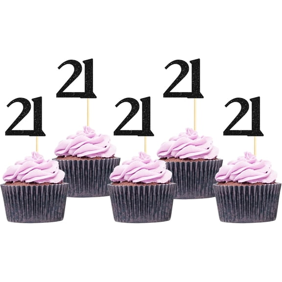 21st Birthday Cupcake Toppers, Black Glitter, 21 Party Cake Decorations for Wedding Anniversary, 12 Pack