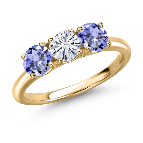 Gem Stone King 10K Yellow Gold White Moissanite and Blue Tanzanite Engagement Ring for Women | 1.42 Cttw | Round 5MM | Gemstone Birthstone | Size 5