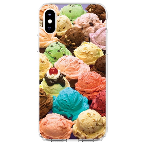 DistinctInk Clear Shockproof Hybrid Case for iPhone X / XS (5.8" Screen) - TPU Bumper, Acrylic Back, Tempered Glass Screen Protector - Ice Cream Scoops Cones