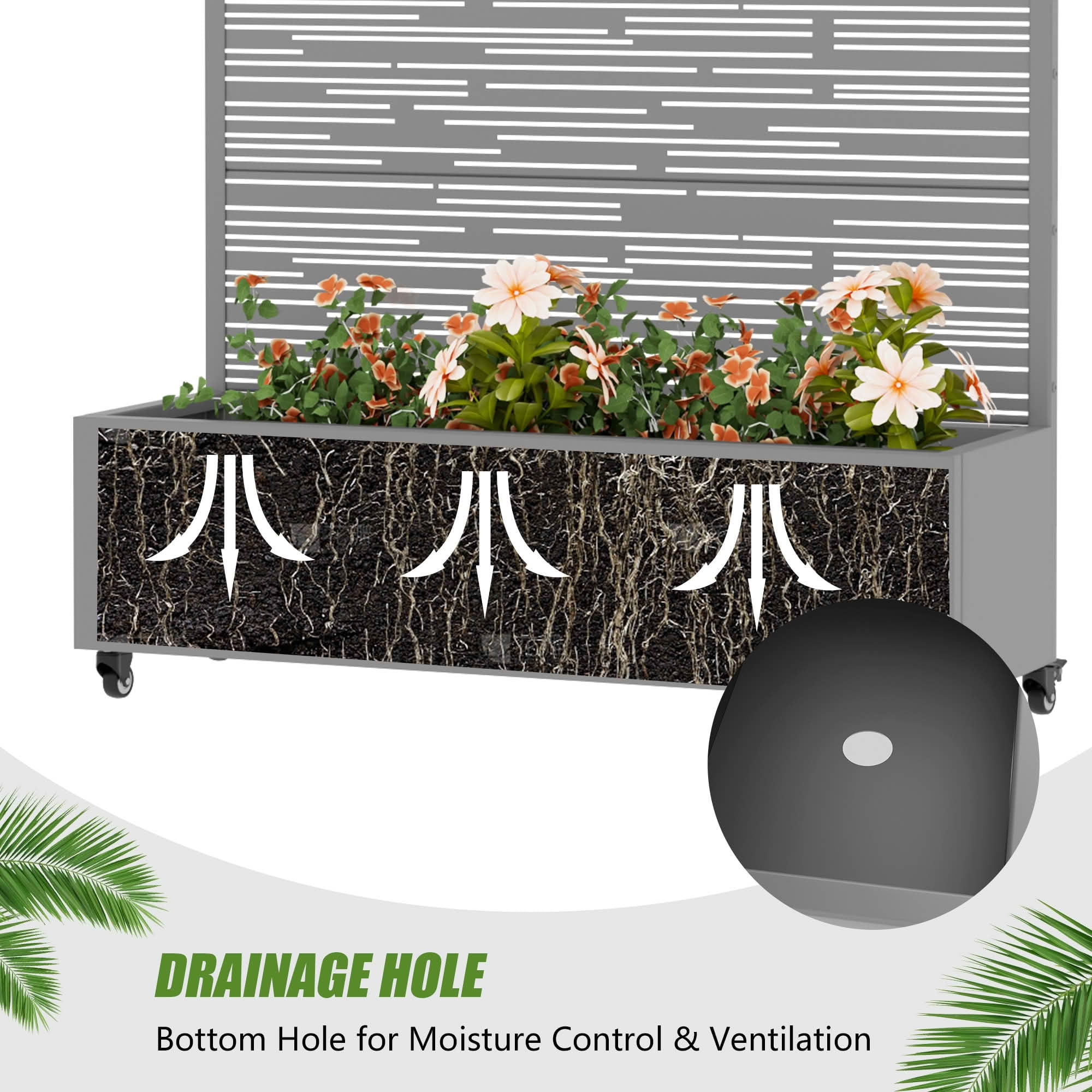 MAYEERTY 72X47" Metal Outdoor Gray Privacy Screen with Planter Box for Backyard & Garden, 5 Piece Set