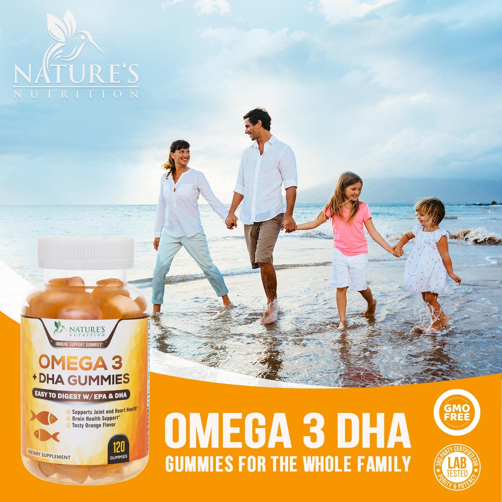 Omega 3 Fish Oil Gummies, Heart Healthy Omega 3 Gummy Supplement with High Absorption DHA & EPA, Extra Strength Joint & Brain Support, Delicious Orange Flavor Fish Oil Nature's Vitamin - 120 Gummies