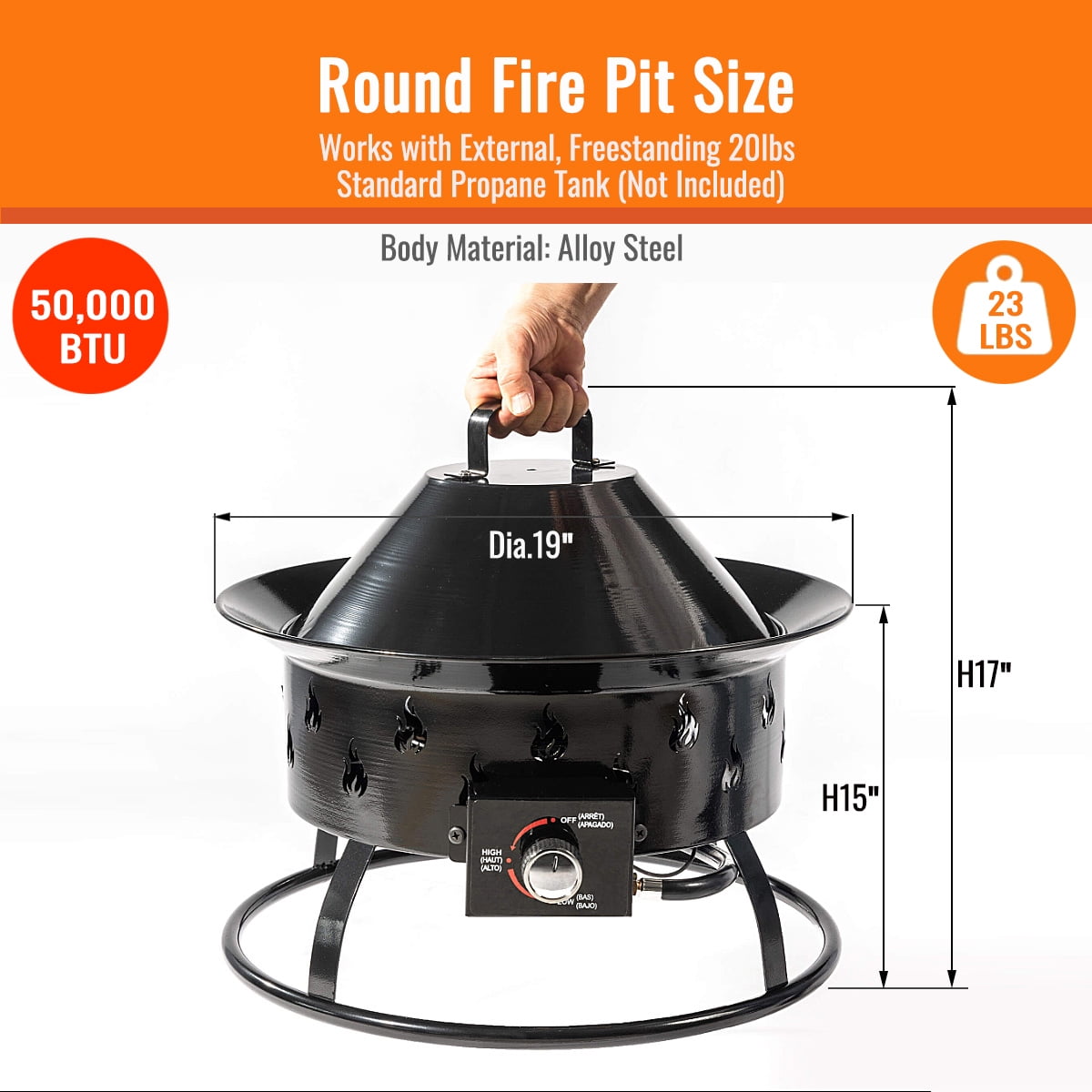 19'' Round Portable Propane Outdoor Camping  Fire Pit with Lockable Cover Lid as Handle