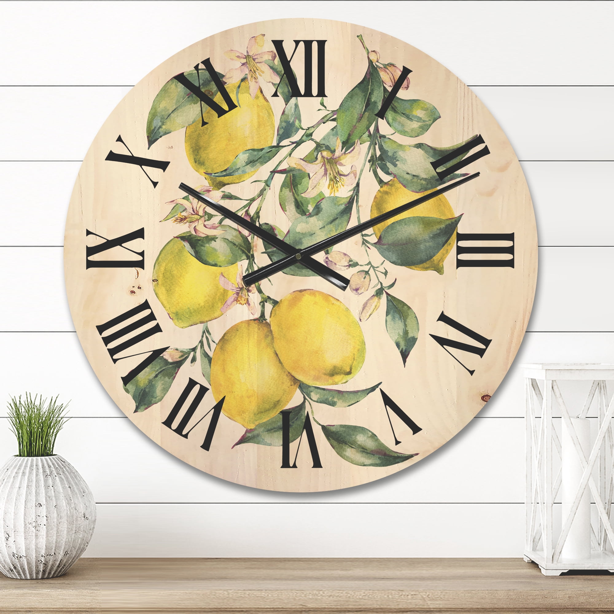 Designart 'Branch of Leaves and Yellow Lemons I' Tropical Wood Wall Clock