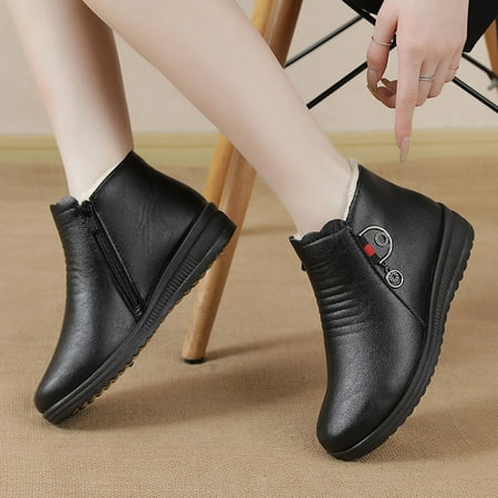 

Juebong Christmas Deals Cotton shoes plus velvet warm flat ankle boots elderly leather shoes soft bottom non-slip middle-aged women s shoes 7.5 Black