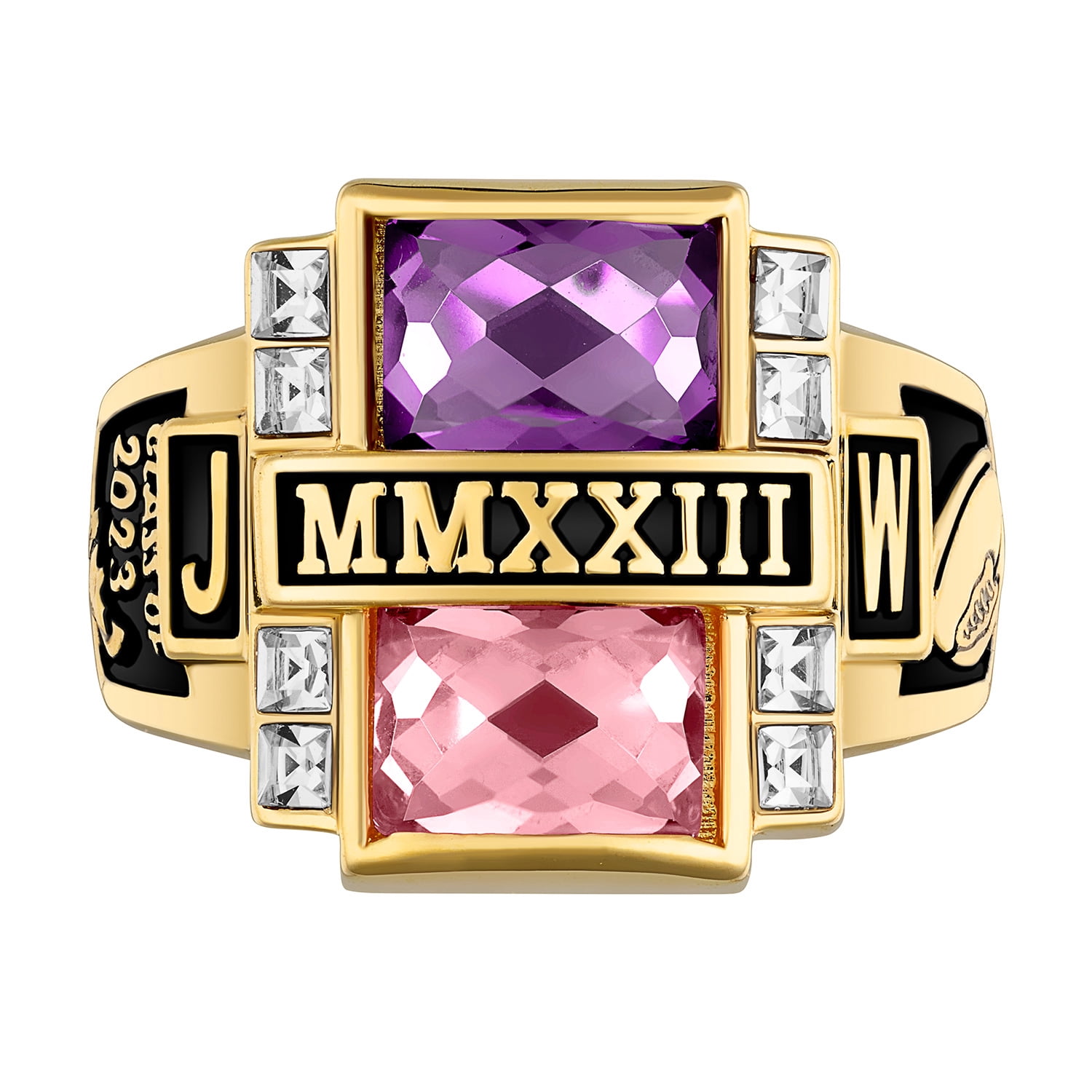 Freestyle, Men's Rhodium, Gold or Rose Gold Plated Double Birthstone & CZ Rectangle Class Ring, Personalized, High School or College Graduation