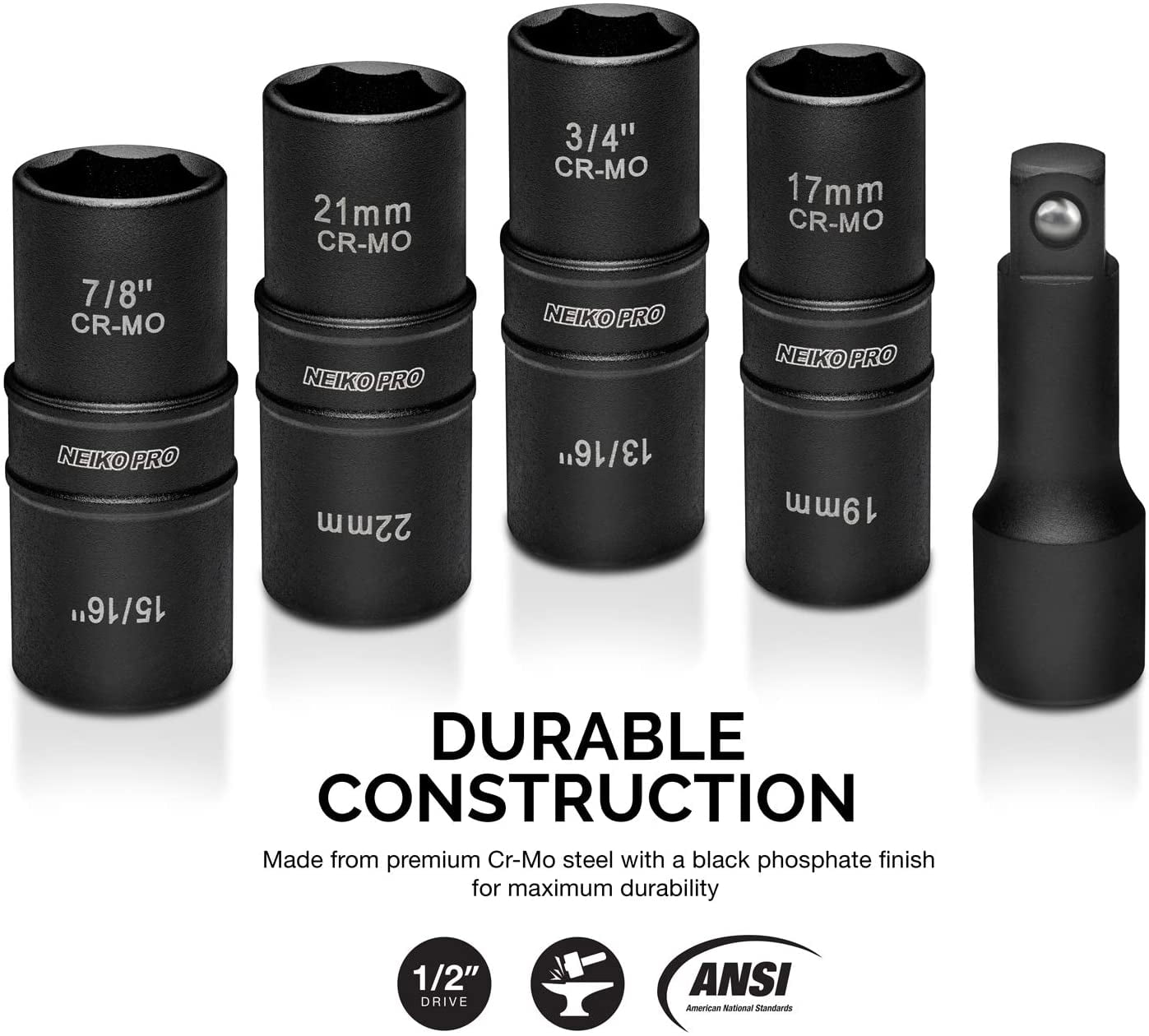 NEIKO 02282B 1/2-Inch-Drive Impact Socket Set, Flip Socket Set, Chrome Moly Steel, Includes 3-Inch Bar Extension, 8 Deep SAE and Metric Sizes, 5 Pieces