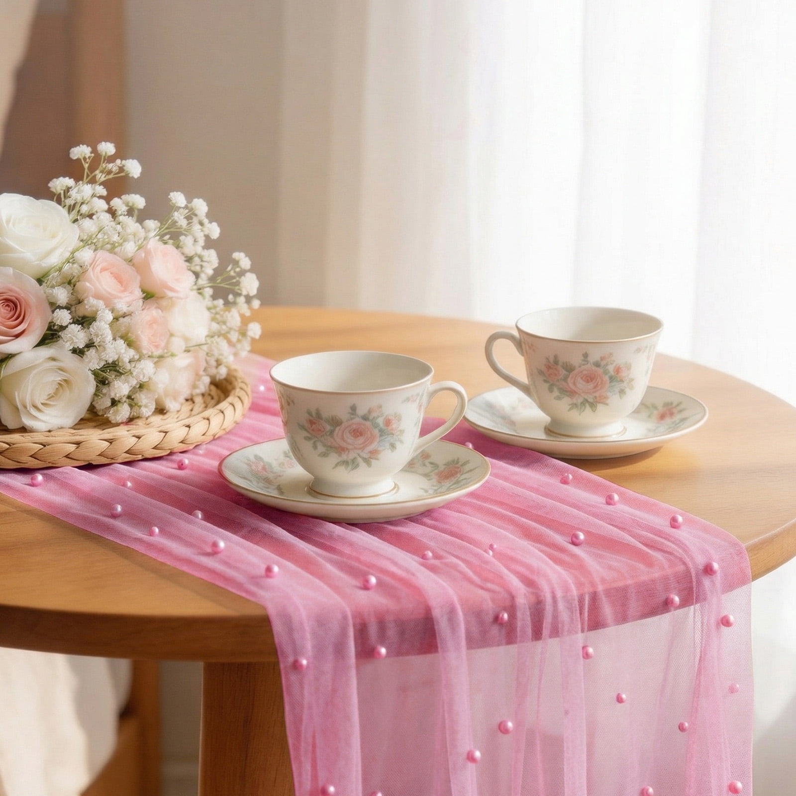 3PCS Pearl Gauze Table Runner 10FT Sheer Tablecloth Elegant Dining Table Decor for Home Party Holiday Wedding,33 x 124 Inches
