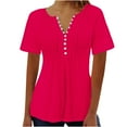 thumbnail image 3 of QATAINLAV Womens Tops Summer Hide Belly Shirts Casual Pleated Button V Neck T-Shirt Loose Empire Waist Short Sleeve Blouses Basic Solid Color Tunic Top Today's Lightning Sales Hot Pink M, 3 of 4