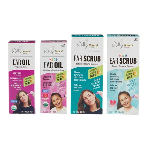Wally's Natural Family Ear Care Essentials Bundle with Adult & Kids Ear Oil 0.5 fl oz and Scrub 2 fl oz, 4 Pack