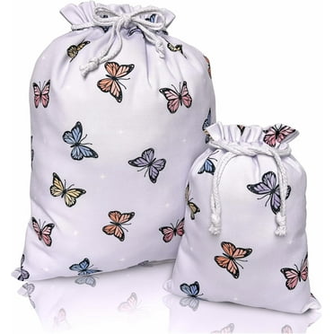 Gather & Knot Drawstring Gift Bags | 20" Large 12" Small | Premium Canvas | Reusable Fabric Wrap for Baby Shower or Girl Birthday | Butterfly