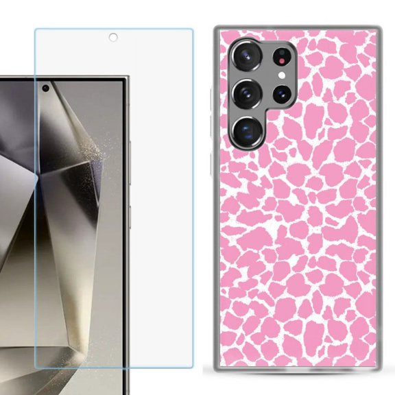 OneToughShield ® Compatible with Samsung Galaxy S24 Ultra, Shockproof Phone Case, with Tempered Glass Screen Protector - Giraffe/Pink