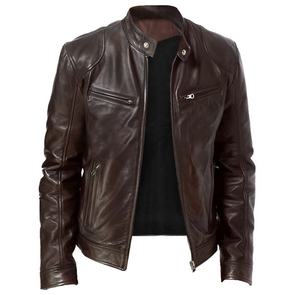 JIKNTTR Men Coats Stand Collar Leather Jacket Zip Leather Biker Jacket Long Sleeve Jacket Classic Stylish Business Overcoat
