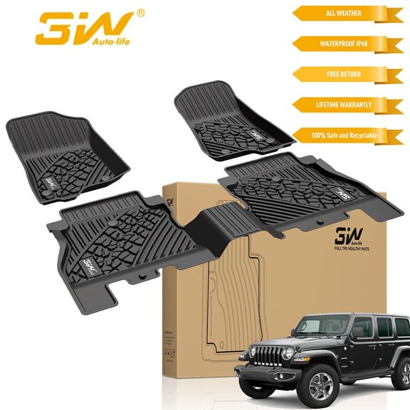 3W Floor Mats for Jeep Wrangler JL 2018-2024 Unlimited 4-Door (Non JK or 4XE) All-Weather TPE Floor Liner for Jeep Wrangler JL 1st and 2nd Row Car Mats Black