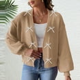 thumbnail image 2 of Miluxas Women's Open Front Bow Cardigan Sweaters Knit Long Puff Sleeve Trendy Fall Winter Jacket Coats Khaki M(M), 2 of 6