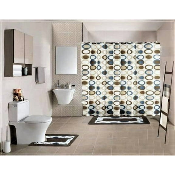 DYNASTY 15-piece Hotel Bathroom Sets - 2 Non-Slip Bath Mats Rugs Fabric Shower Curtain 12-Hooks BROWN