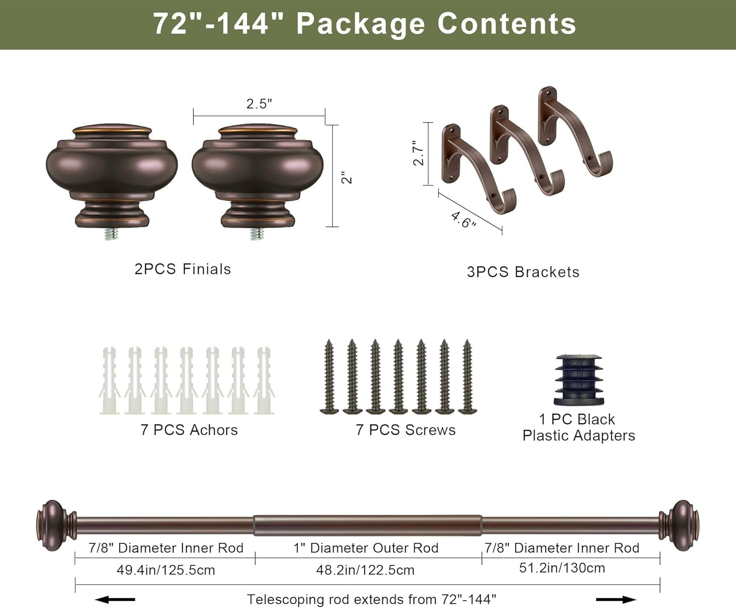 72-144 Inches Curtain Rods for Window, 1 Inch Diameter Drapery Rod with Resin Finials, Ideal Adjustable Heavy Duty Single Curtains Rod for Bedroom, Living Room Decoration, Matte Brown