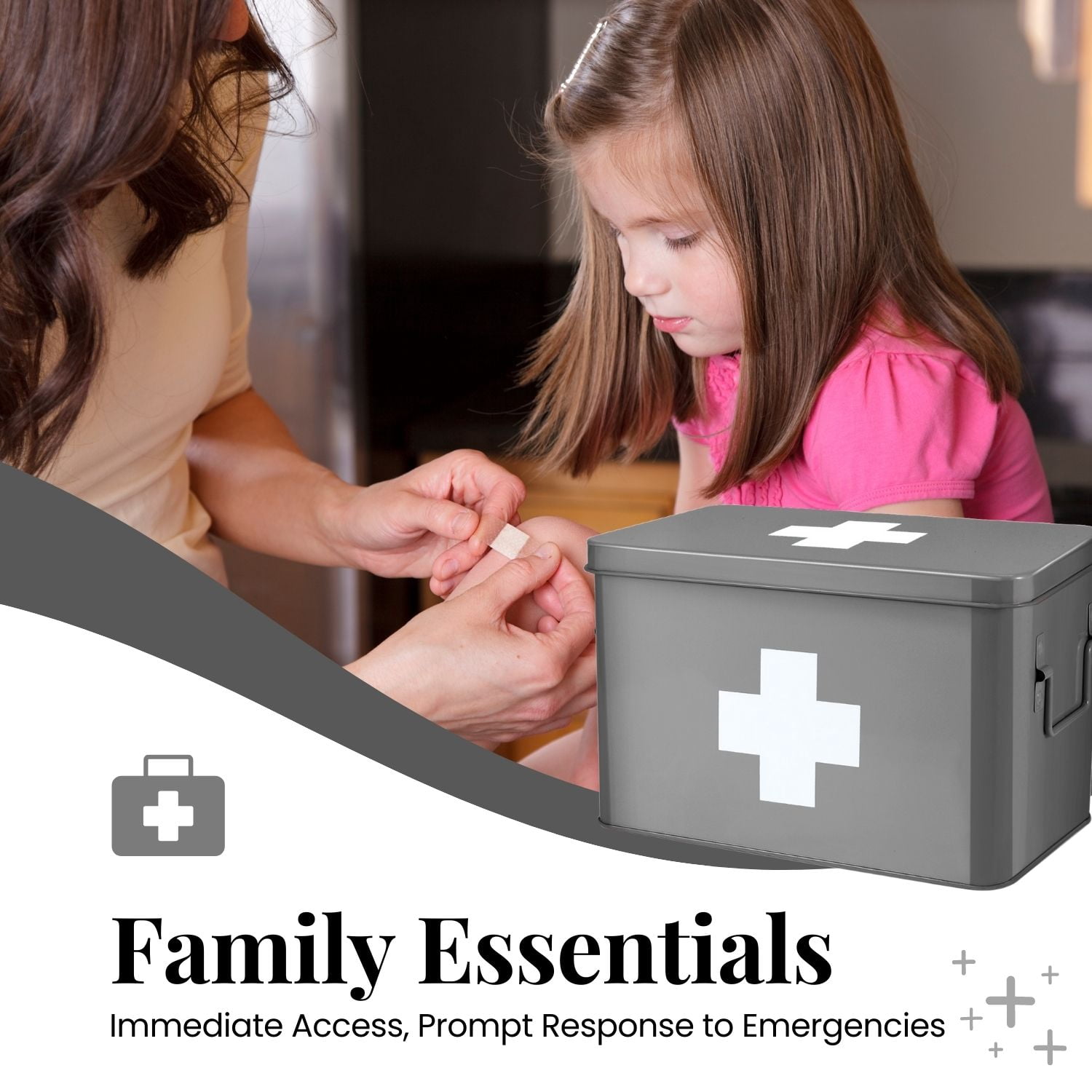 First Aid Medicine Box Supplies Kit Organizer - 12.5" Gray Metal Tin Medic Bin Hard Case with Removable Tray Handle Storage Compartment, Vintage Antique Empty Boxes for Home Family Emergency Tool Set