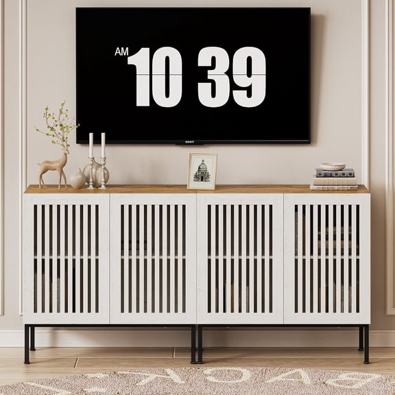 Farmhouse TV Stand for 70 Inch TVs, 2-in-1 Entertainment Center with Storage Cabinets & Metal Base, Antique White Media Console for Living Room