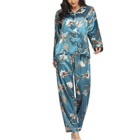 

XIAOFFENN Women s Home Clothes Long Sleeved Fashion Solid Color Silk Like Shirt Trousers Thin Pajama Suit Clearance