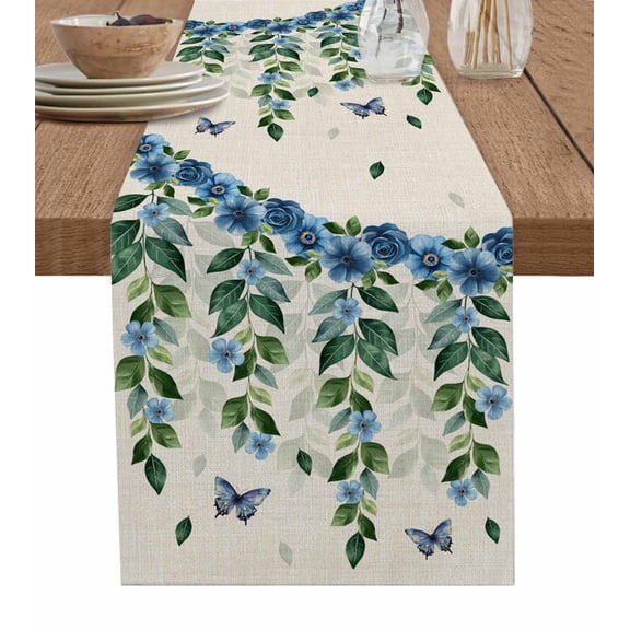 Blue Floral Spring Table Runner 72 Inches, Summer Rustic Botanical Burlap Bed Runner Dresser Scarves Tabletop for Indoor Outdoor Parties/Ceremony/Banquet, 16" x 72"