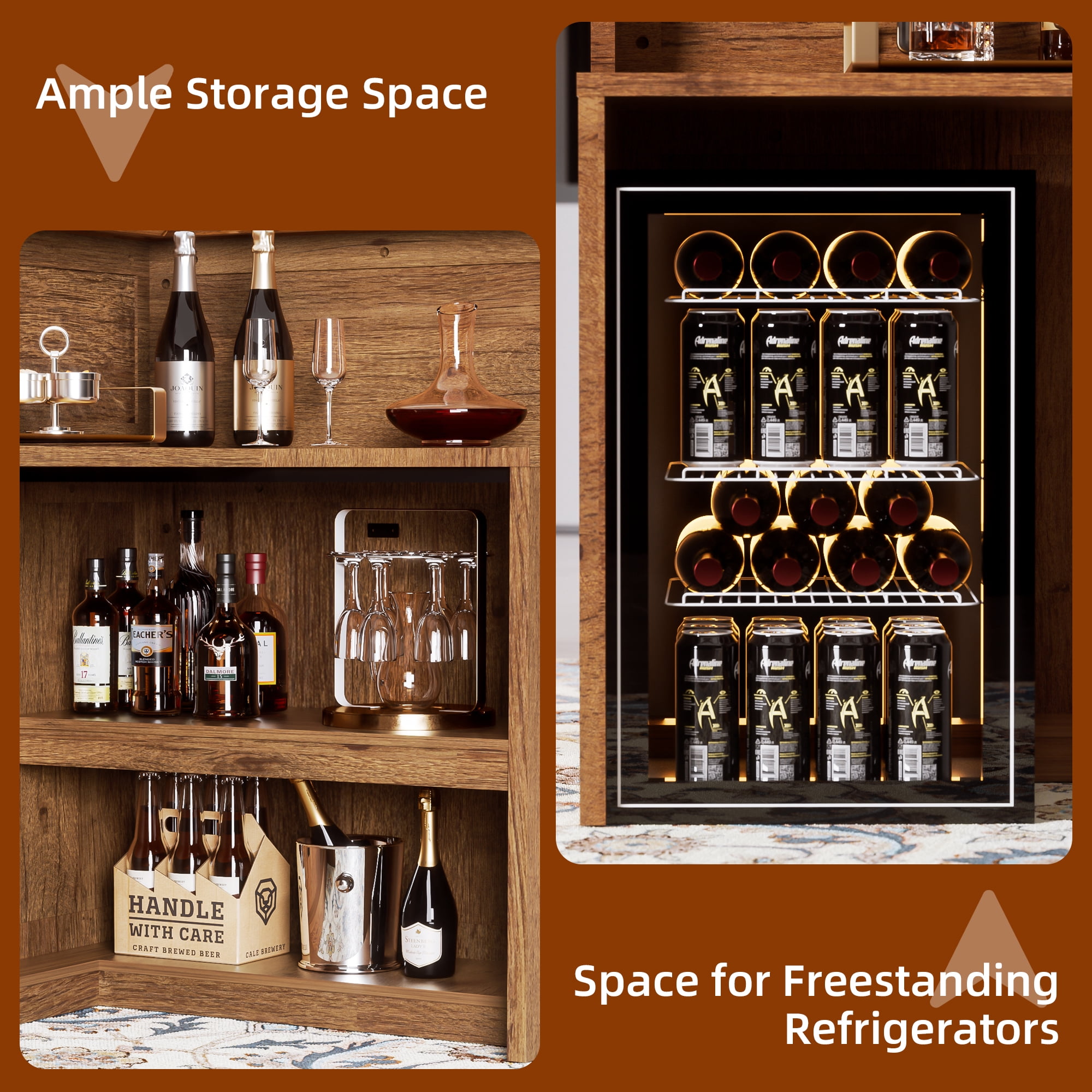 HARIPUL L-Shaped Home Bar Unit, 4-Tier Corner Bar Cabinet with Large Storage Space, Liquor Wine Cabinet & Reception Desk for Home Pub, 37.52"D x 52.44"W x 43.94"H, Wood