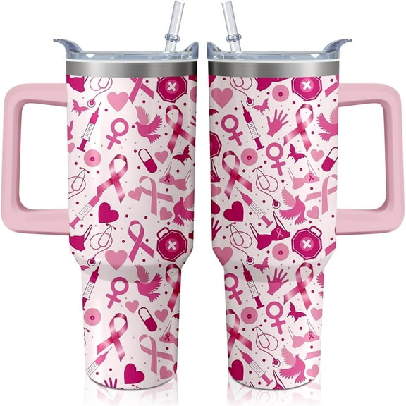40oz Breast Women Cancer Awareness Tumbler with Handle and straw for Women, Pink Ribbon Stainless Steel Insulated Cup, Coffee Mug Water Bottle,Gift for Patients Survivor