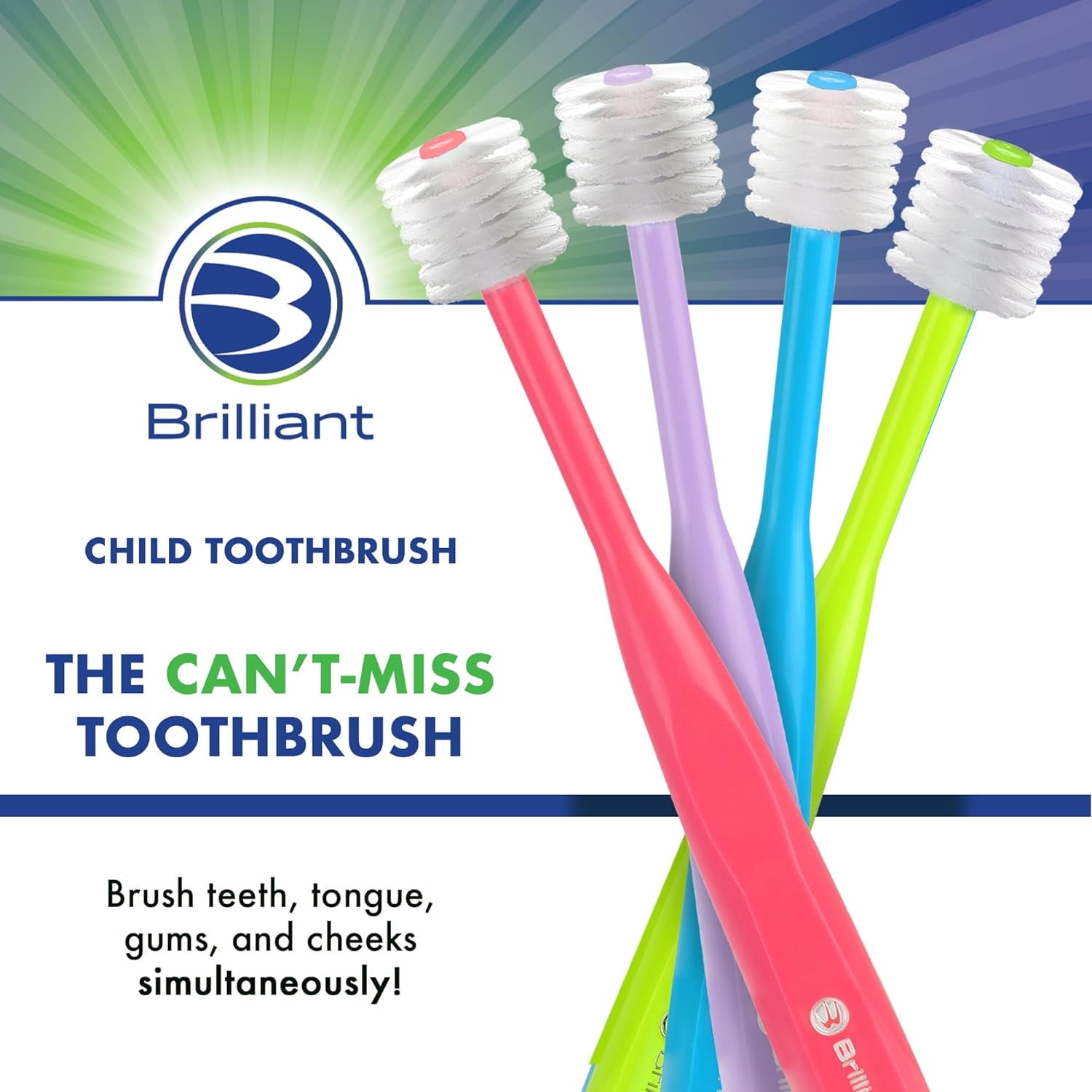Brilliant Child Toothbrush, Soft Round Head, Ages 2-5, All-Around Clean, Lime 3 Pack