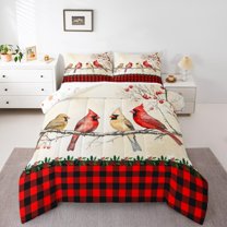 Manfei Teens Merry Christmas Queen Comforter Set, Cartoon Winter Bird Bedding Sets, Vintage Plaid Buffalo Reversible Bedding Comforter Set, Microfiber Bedroom Decor, 3 Pieces