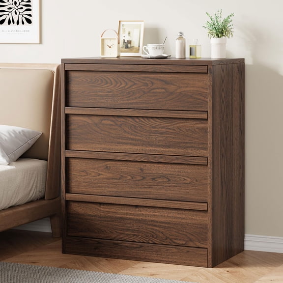 CazToi 4 Drawer Dresser, Walnut Chest of Drawers with Built-in Handles for Bedroom