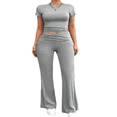 thumbnail image 2 of LYMAYTER Workout Two Piece Set‌ for Women Casual Short Sleeve Tops Fold Over Flare Pants Tracksuits S-XL, 2 of 9