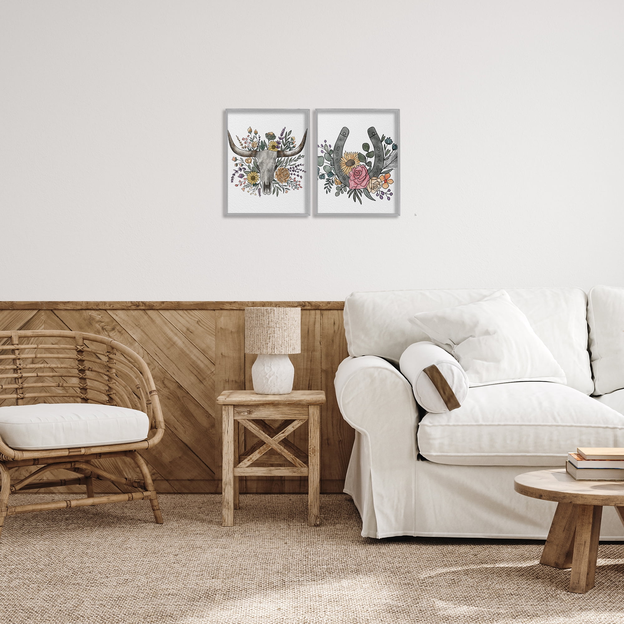 Stupell Industries Boho Longhorn & Horseshoe 2 Piece Gray Framed Giclee Art Set, design by Alisha Kiara Design