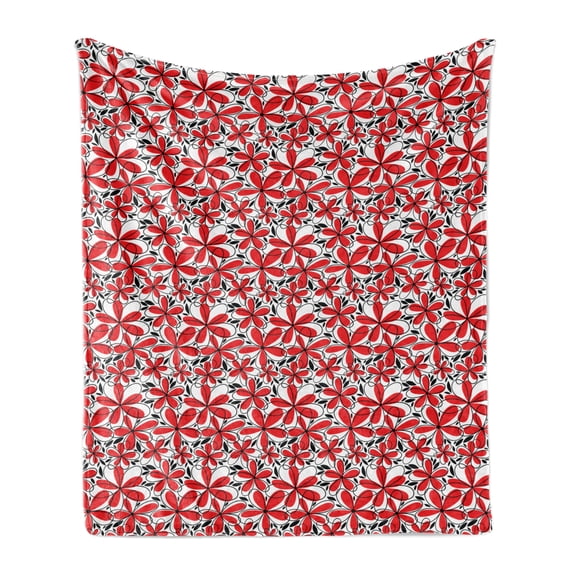 Feminine Soft Flannel Fleece Throw Blanket, Doodle Art Style Abstract Flowers with Red Petals and Black Leaves, Cozy Plush for Indoor and Outdoor Use, 60" x 80", Scarlet White Black, by Ambesonne