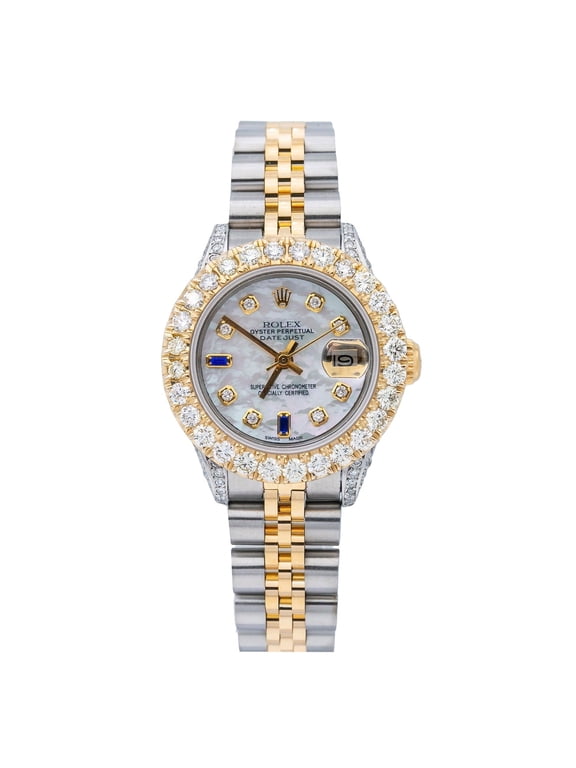Pre-Owned Rolex Datejust 26MM 6917 White Mother of Pearl Diamond Dial Diamond Bezel Two Tone Yellow Gold Jubilee Bracelet 2.75ct