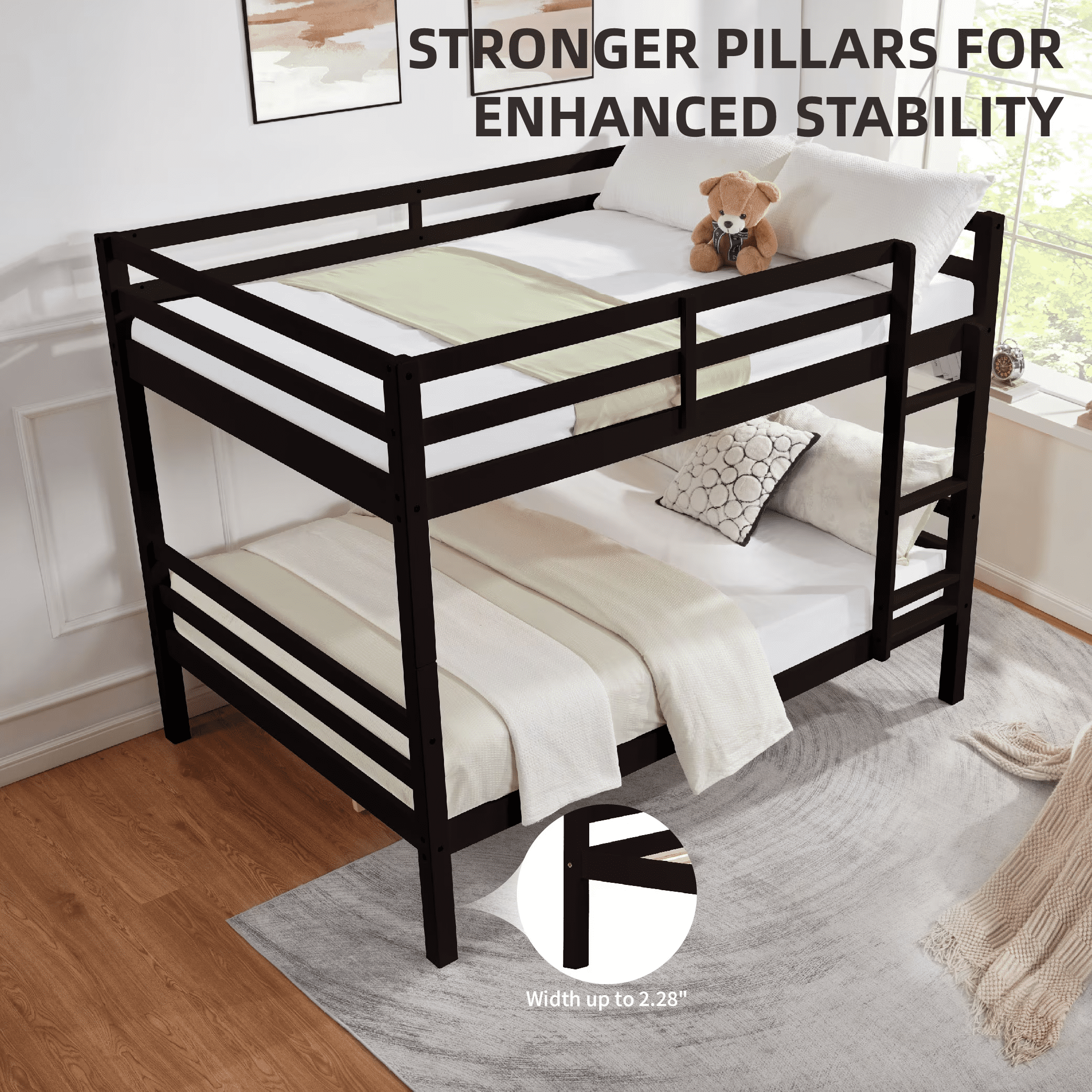 MAYEERTY Full over Full Bunk Bed with Thick Posts, Wooden Bed Frame with High Guardrail and Ladder for Teens, No Box Spring Needed, Espresso